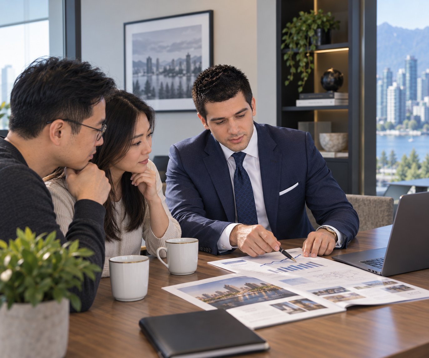 Borna Asi reviewing market data and purchase options with clients in a Vancouver office