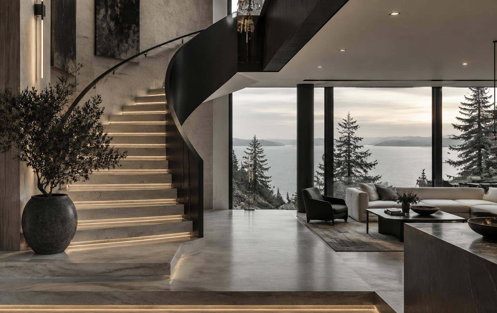 Modern West Coast home interior with water views