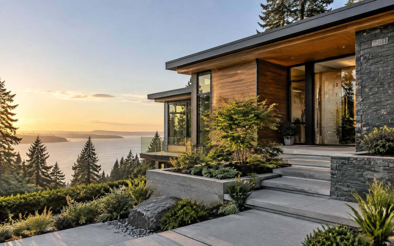 West Coast home exterior at dusk